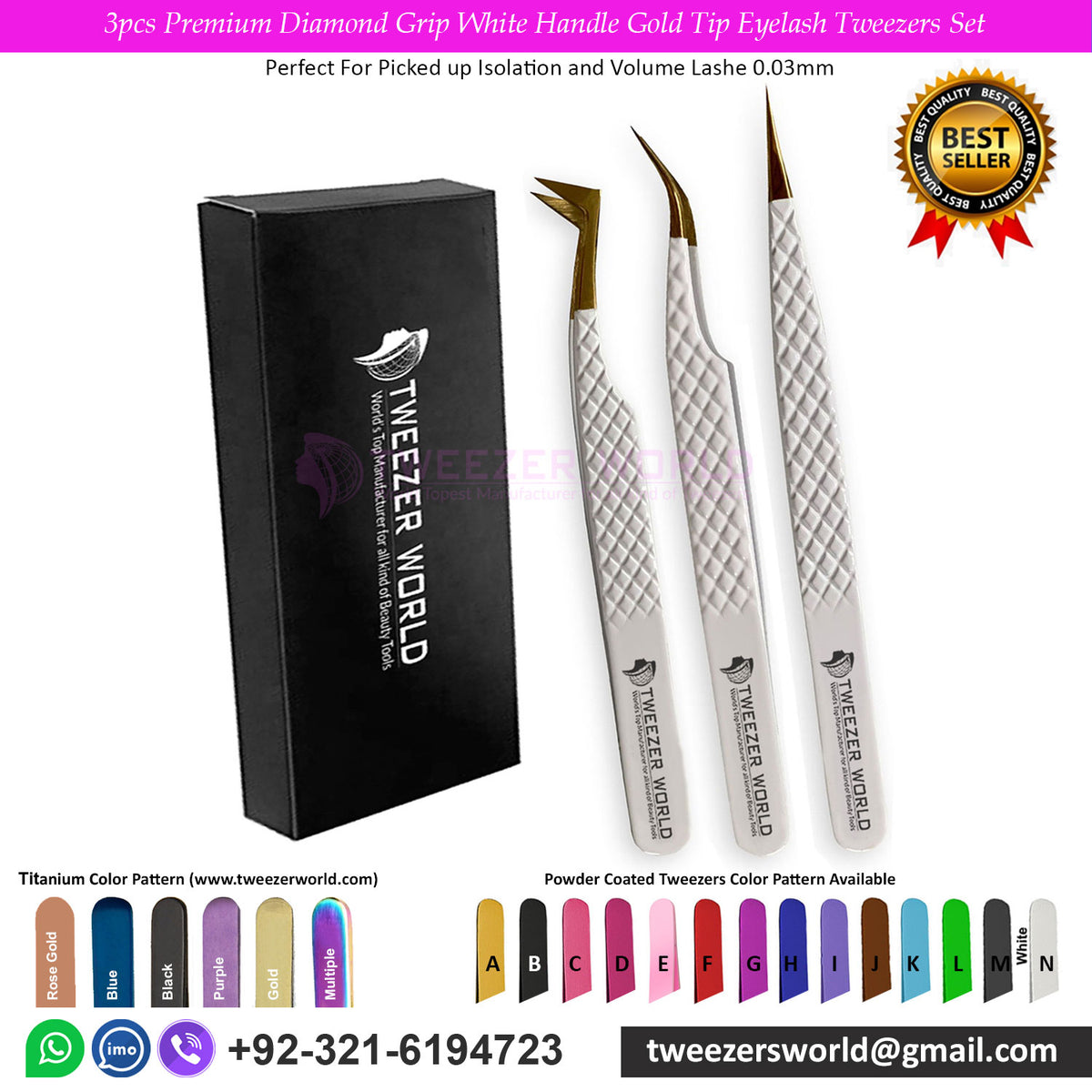 3pcs Premium Diamond Grip White Handle Gold Tip Eyelash Tweezers Set