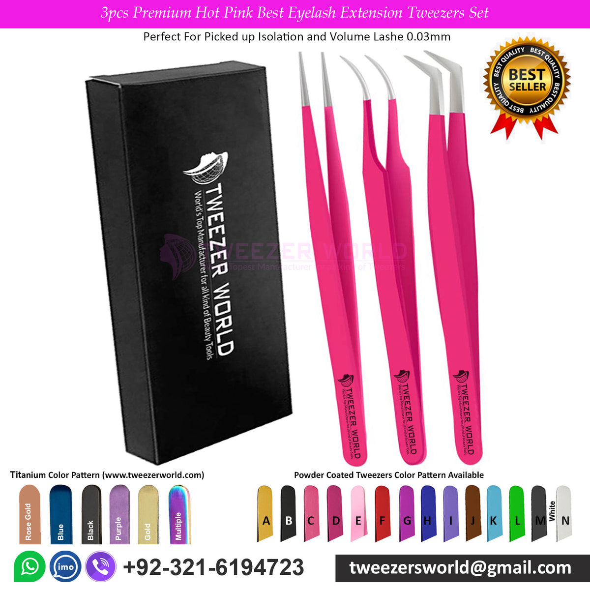 3pcs Premium Hot Pink Best Eyelash Extension Tweezers Set