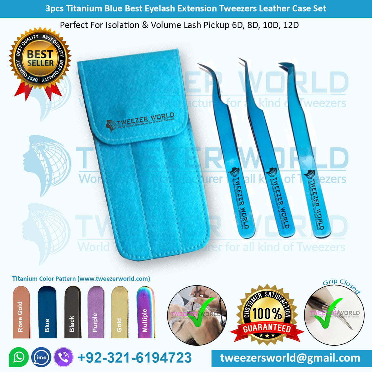 3pcs Titanium Blue Best Eyelash Extension Tweezers Leather Case Set