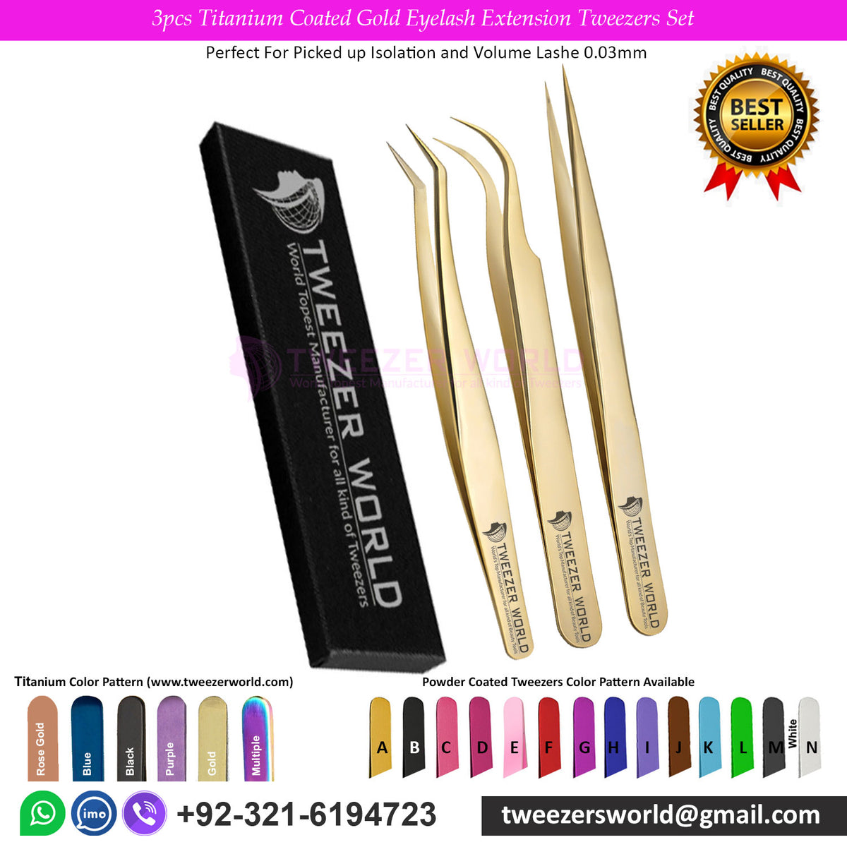 3pcs Titanium Coated Gold Eyelash Extension Tweezers Set