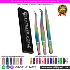 3pcs Titanium Coated Rainbow Eyelash Extension Tweezers Set