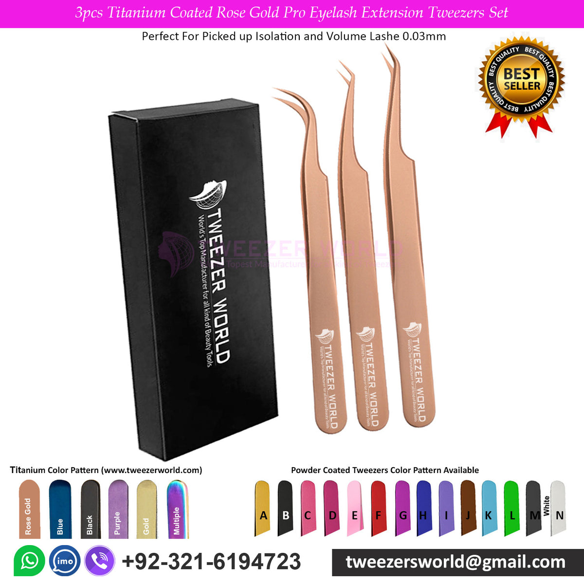 3pcs Titanium Coated Rose Gold Pro Eyelash Extension Tweezers Set