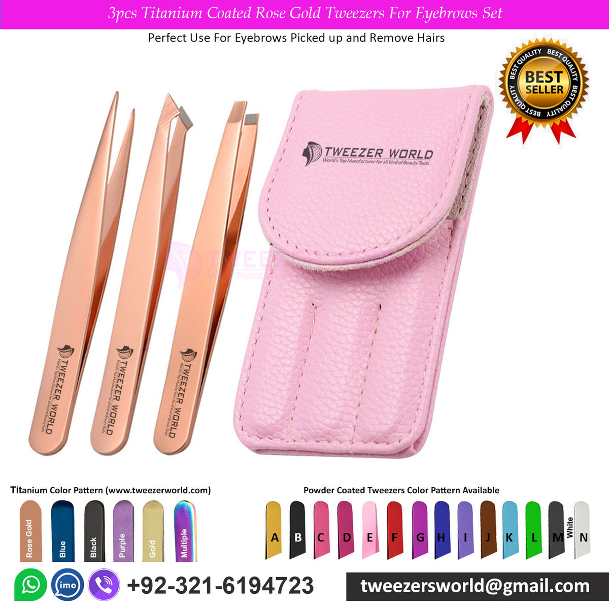 3pcs Titanium Coated Rose Gold Tweezers For Eyebrows Set