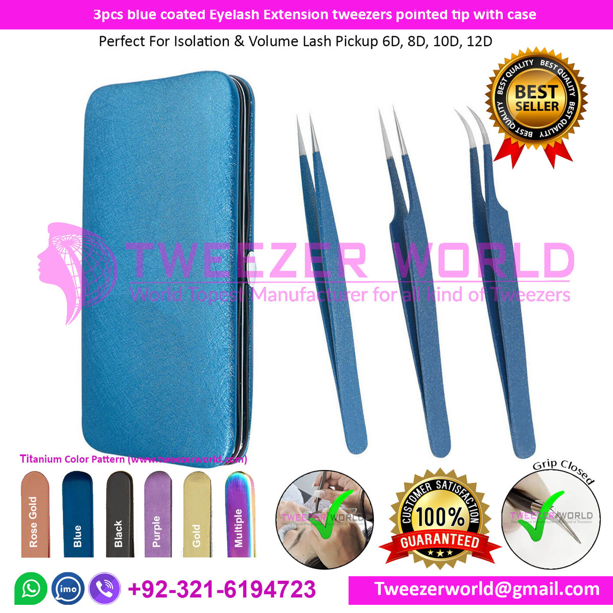 3pcs blue powder coated eyelash extension tweezers