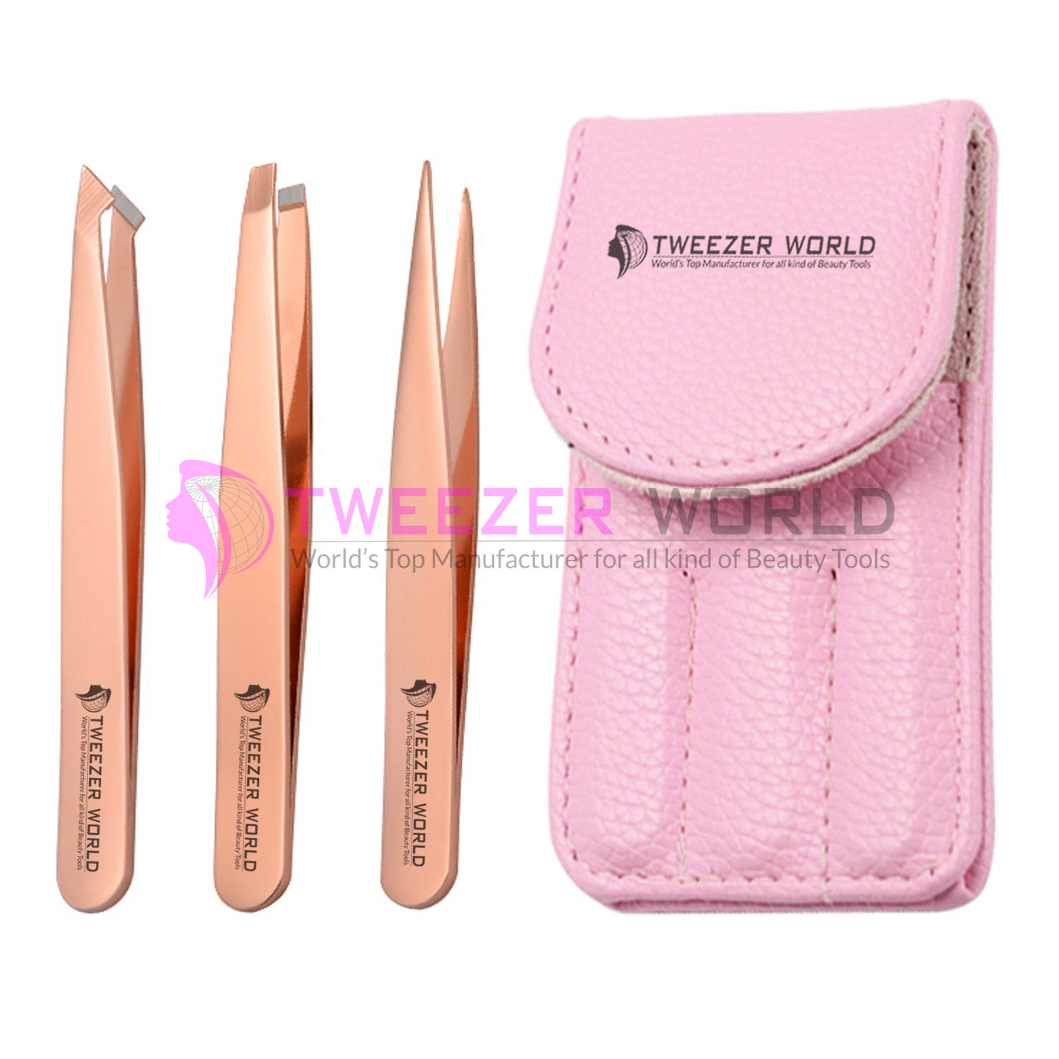 3pcs Titanium Coated Rose Gold Tweezers For Eyebrows Set