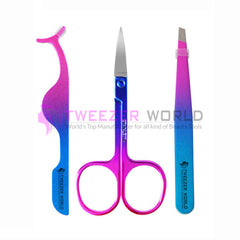 3pcs Multi Colorful Eyelash Applicator Eyebrow Tweezers &amp; Scissor Set