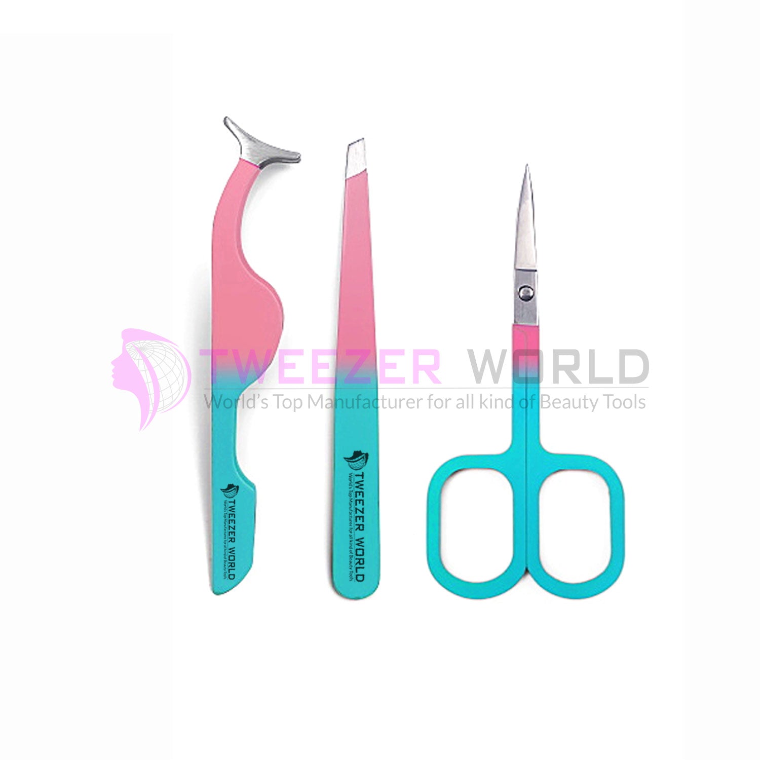 3Pcs Multiple Color Eyelash & Eyebrow Tweezers Set With Scissor