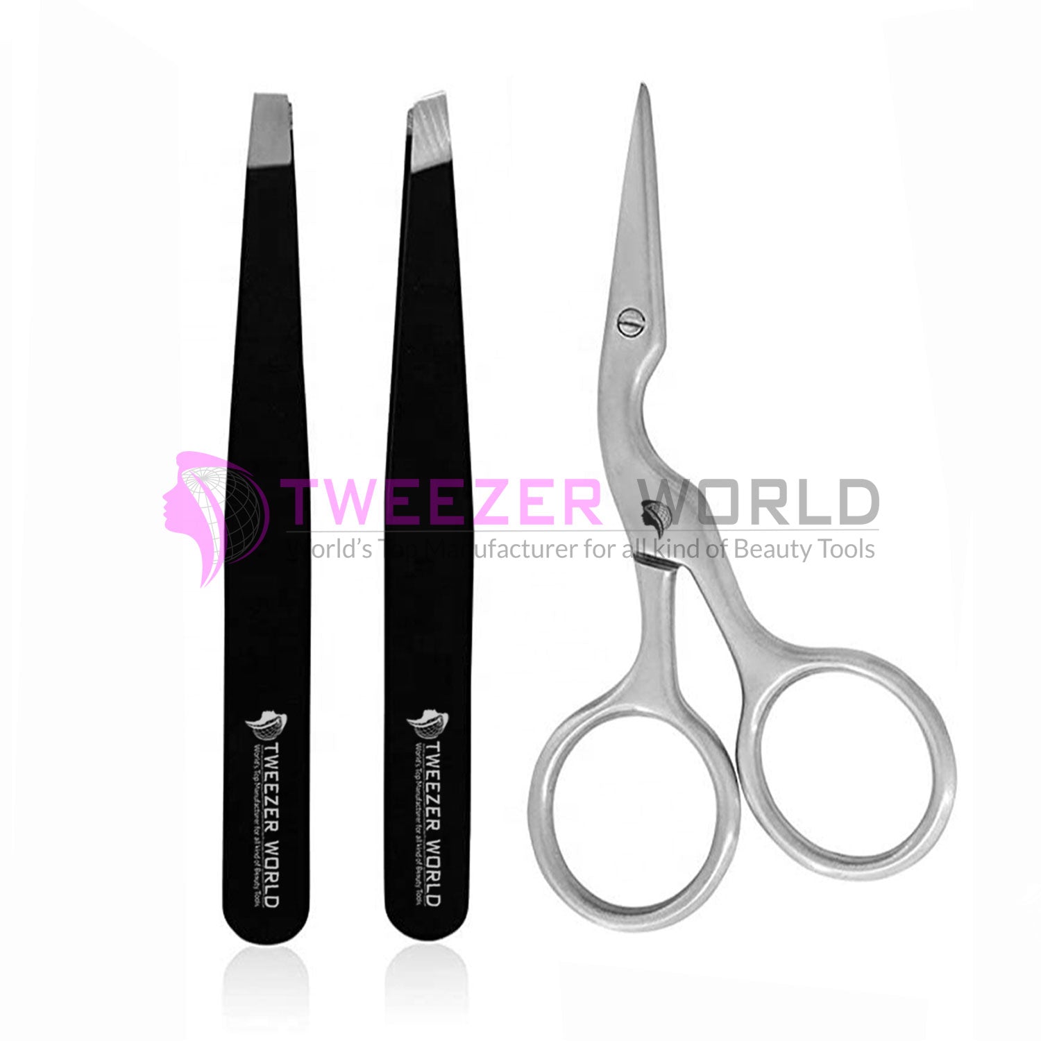 4pcs Black Powder Coated Eyebrow Tweezers Set With Silver Scissor