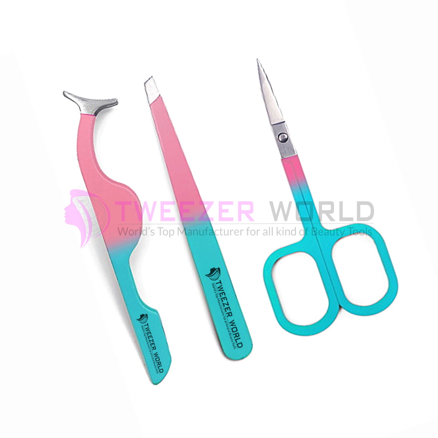 3Pcs Multiple Color Eyelash & Eyebrow Tweezers Set With Scissor