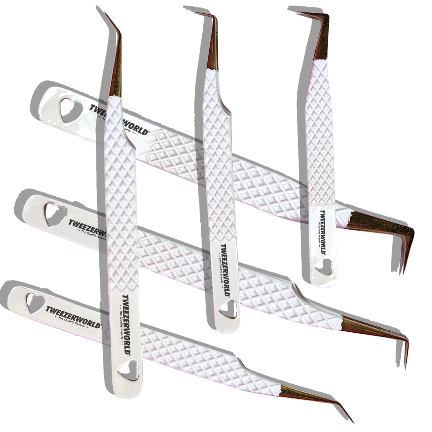3pcs White Gold Lash Tweezers Set Fiber Tip - TWEEZER WORLD