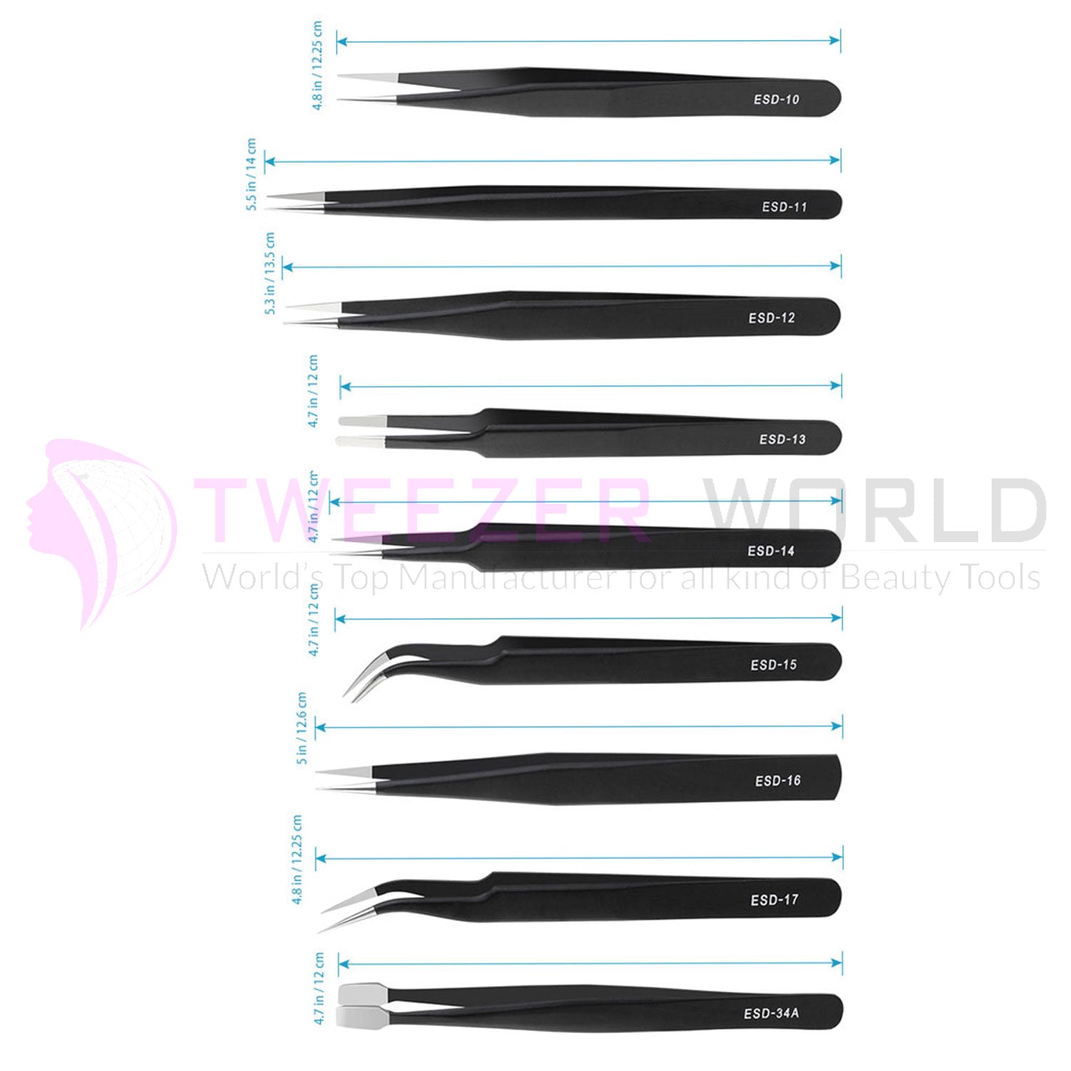 Precision Tweezers Pack of 9, ESD Stainless Steel Anti-static Tool Kit