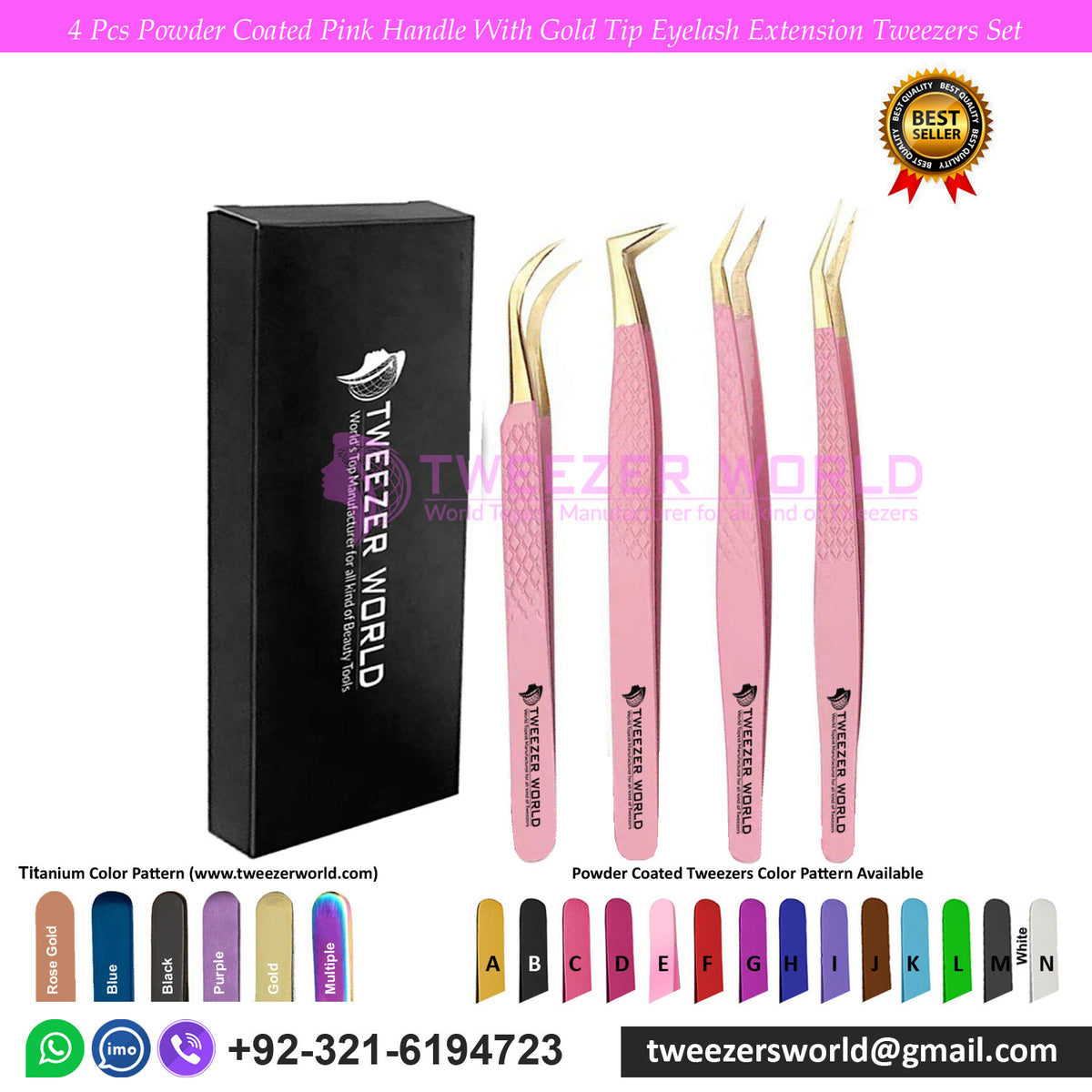 4pcs Professional Pink Handle Gold Tip Eyelash Tweezers Sets