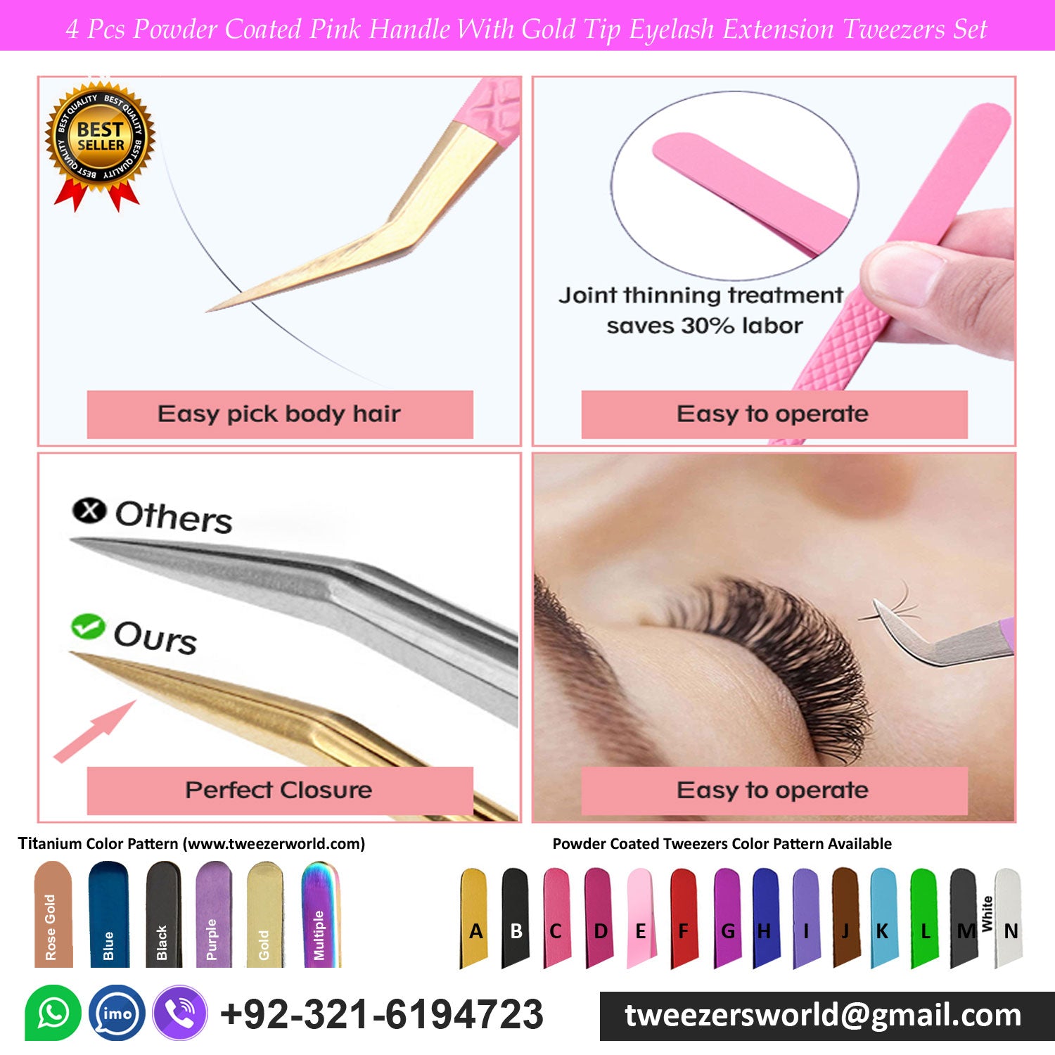 4pcs Professional Pink Handle Gold Tip Eyelash Tweezers Sets