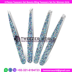 4pcs Tweezers Set Beauty Bling Tweezers Set for Women Girls