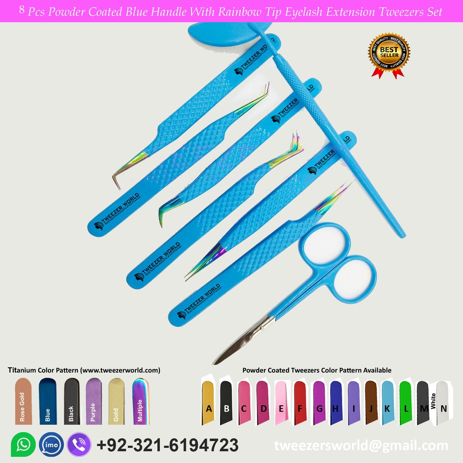 8 Pcs Powder Coated Blue Handle With Rainbow Tip Eyelash Extension Tweezers Set