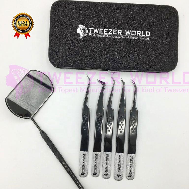 5 Pcs Titanium Black Coated Eyelash Extension Tweezers Set with Eyelash Mirror and Magnet Box