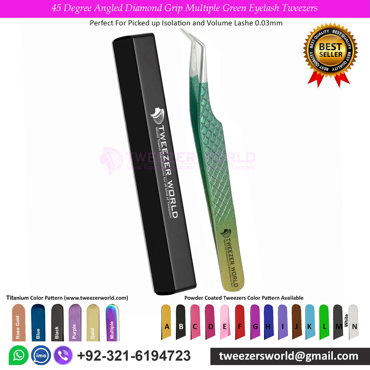 45 Degree Angled Diamond Grip Multiple Green Eyelash Tweezers