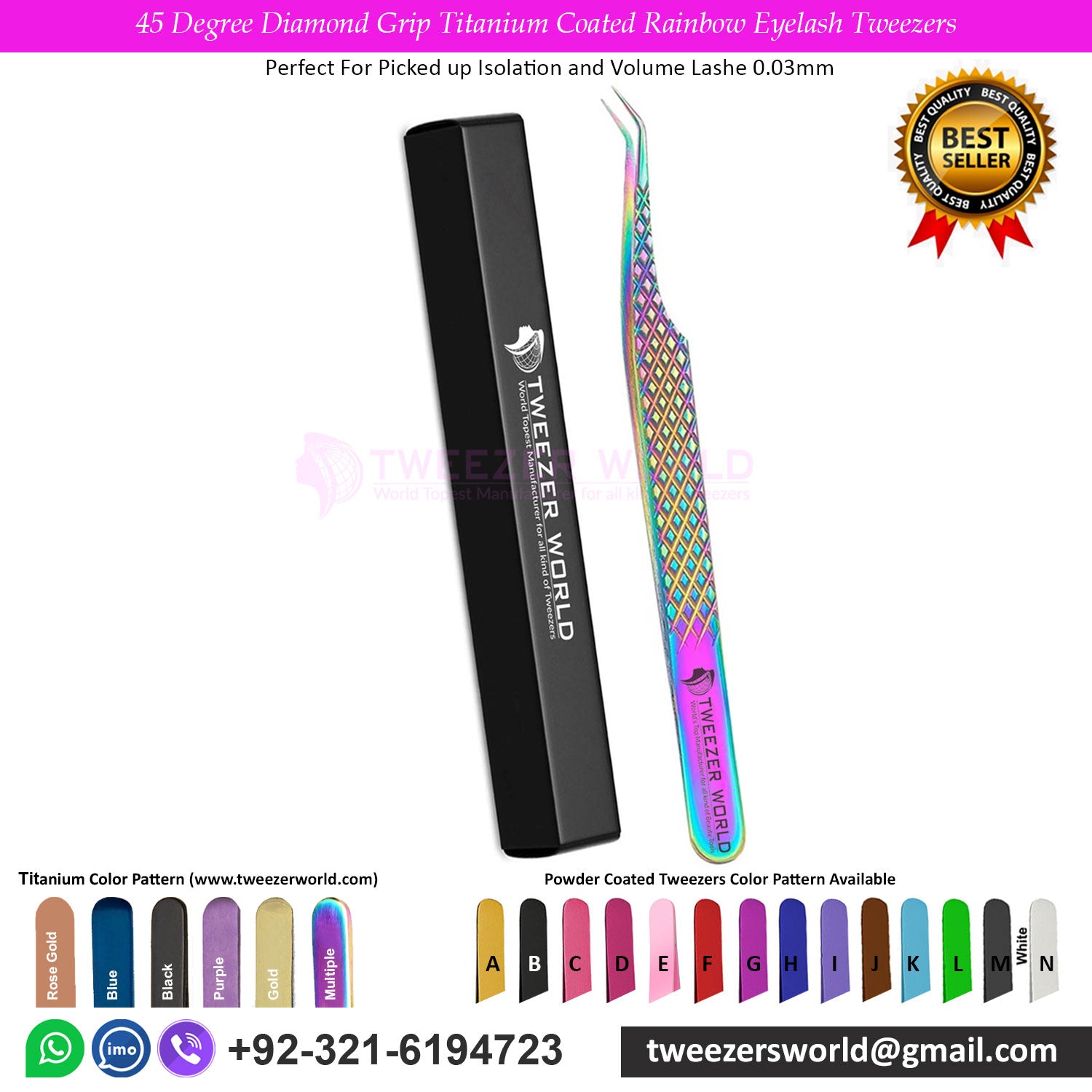 4pcs Diamond Grip Titanium Coated Rainbow Eyelash Extension Tweezers Set