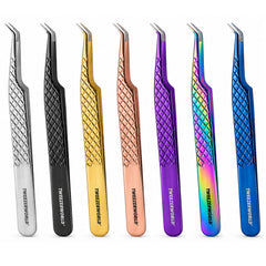 45 Degree Fiber Tip Lash Tweezers #7 Six pairs of precision tweezers in different finishes are lined up side-by-side on a white background. The finishes include silver, black, yellow gold, rose gold, purple, and a multicolor iridescent finish.