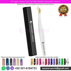 45 Degree Volume Gold Tip White Handle Professional Tweezers