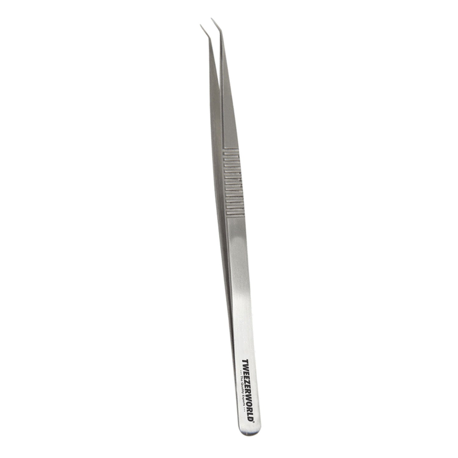A pair of stainless steel precision tweezers with a textured grip and the brand name 'TWEEZER WORLD' printed on the handle, shown against a plain white background.