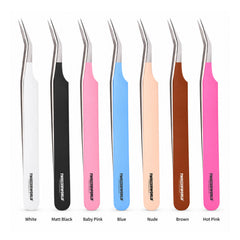 45° Long 14mm Tip Lash Tweezers | Silver Tip - White, Matt Black, Baby Pink, Blue, Nude, Brown, Hot Pink