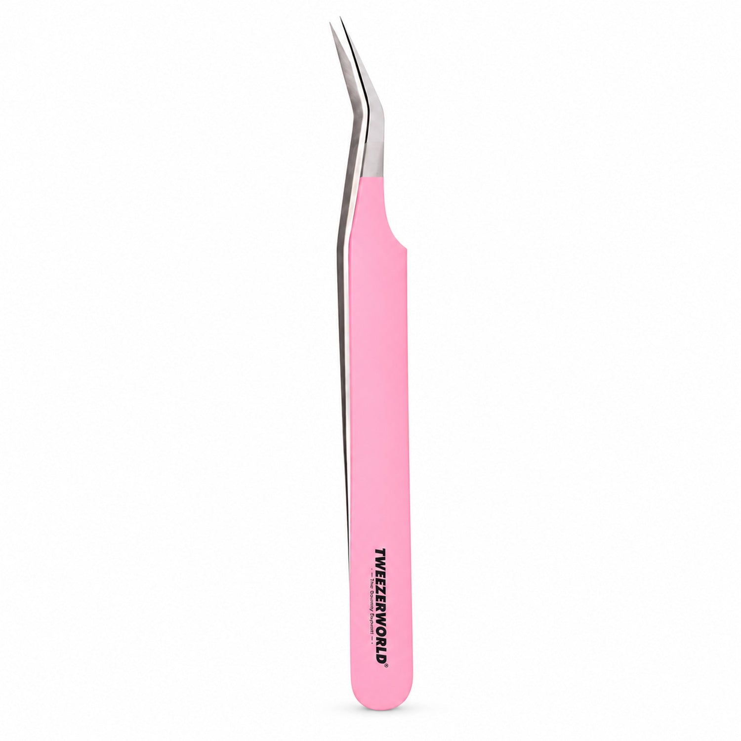 45° Long 14mm Tip Lash Tweezers | Baby Pink handle, silver tip | TWEEZER WORLD®