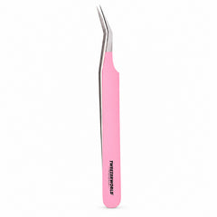 45° Long 14mm Tip Lash Tweezers | Baby Pink handle, silver tip | TWEEZER WORLD®