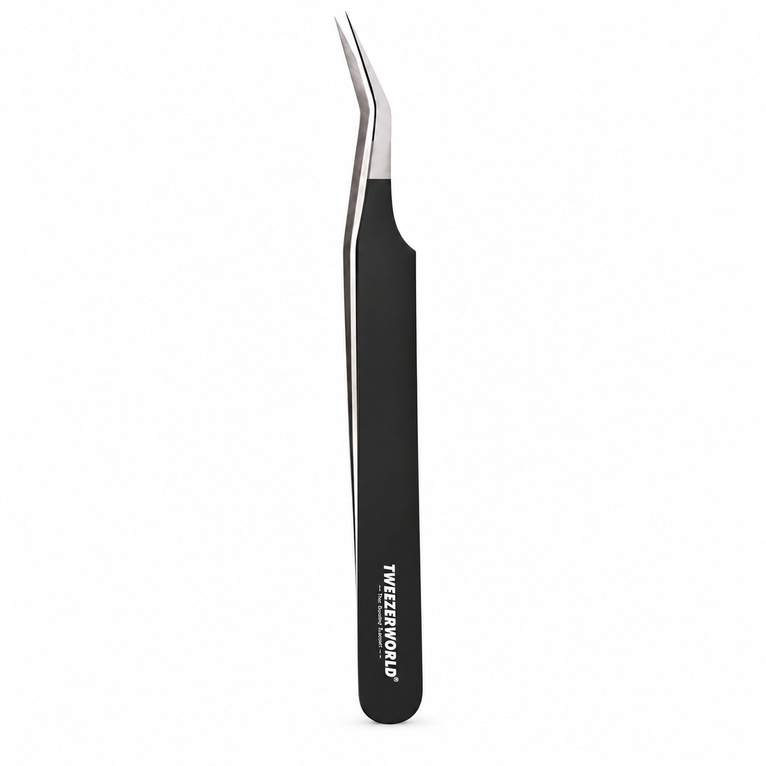 45° Long 14mm Tip Lash Tweezers | Matt Black handle, silver tip | TWEEZER WORLD®