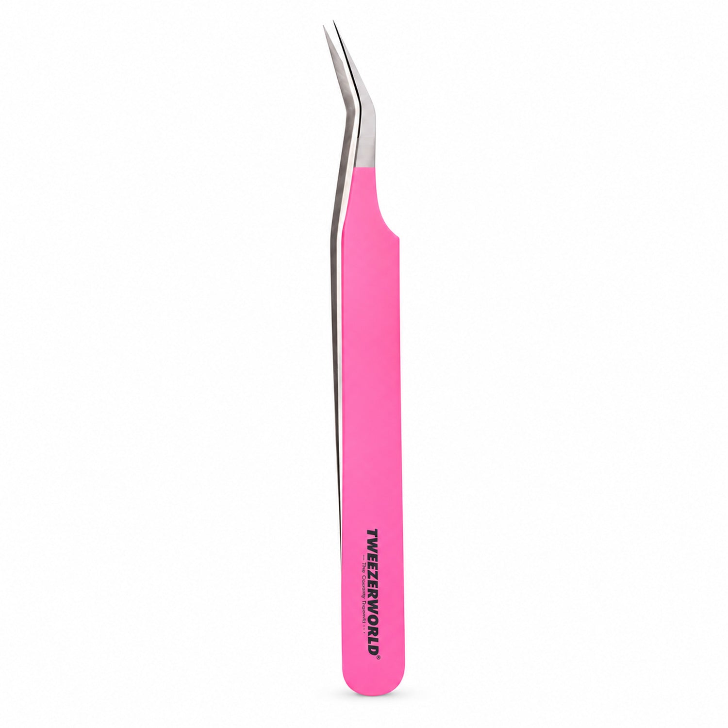 45° Long 14mm Tip Lash Tweezers | Hot Pink handle, silver tip | TWEEZER WORLD®