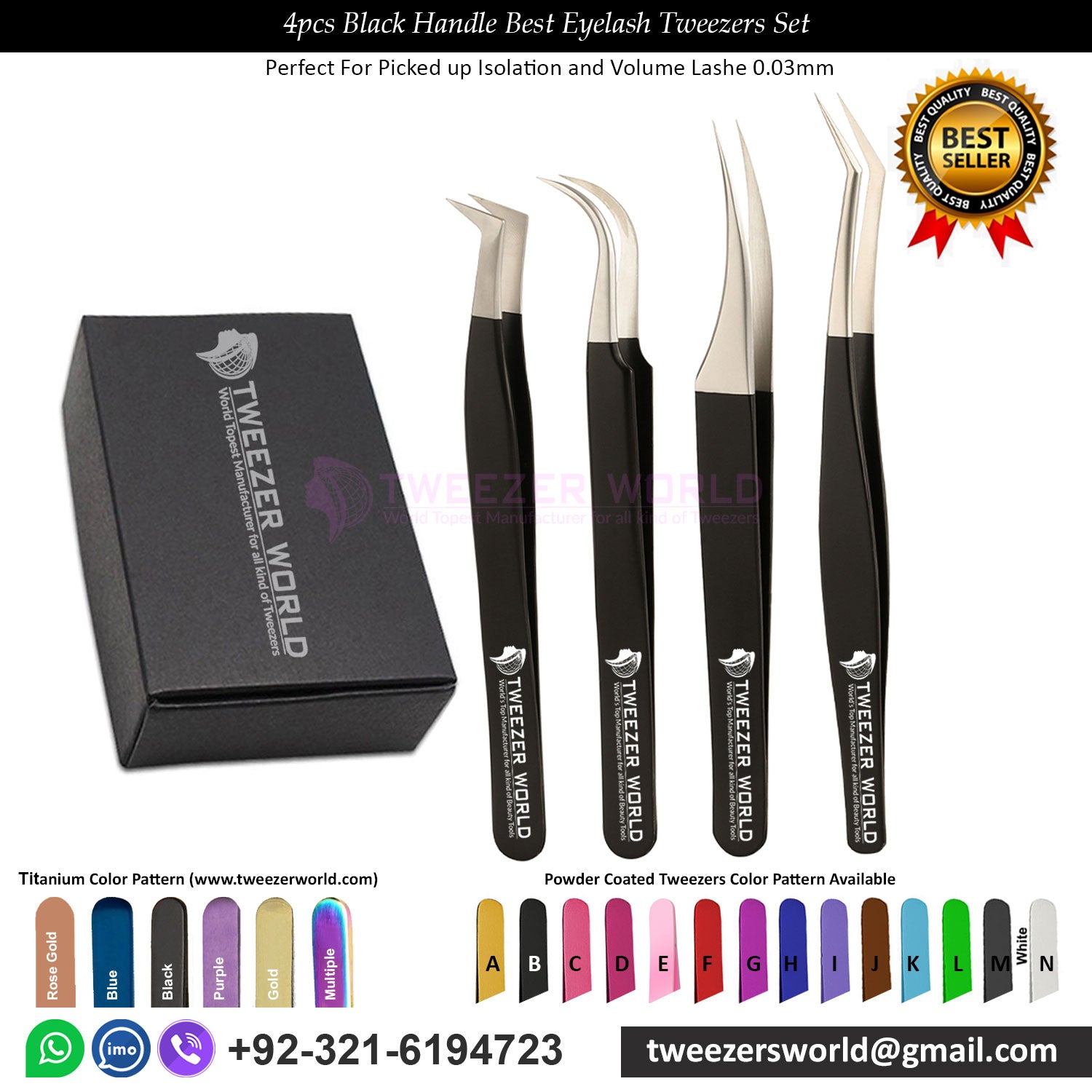 4Pcs Black Handle Best Eyelash Tweezers Set