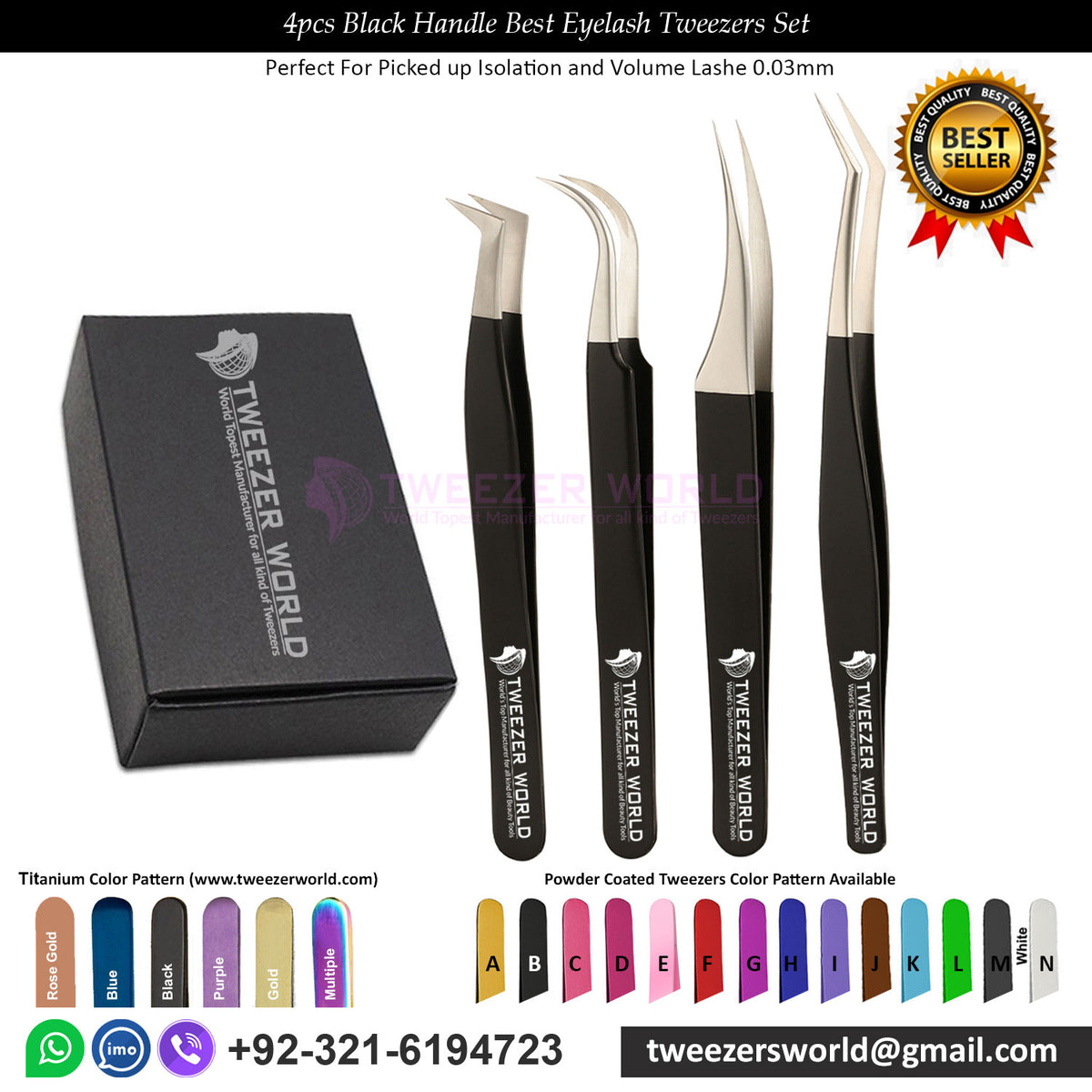 4Pcs Black Handle Best Eyelash Tweezers Set