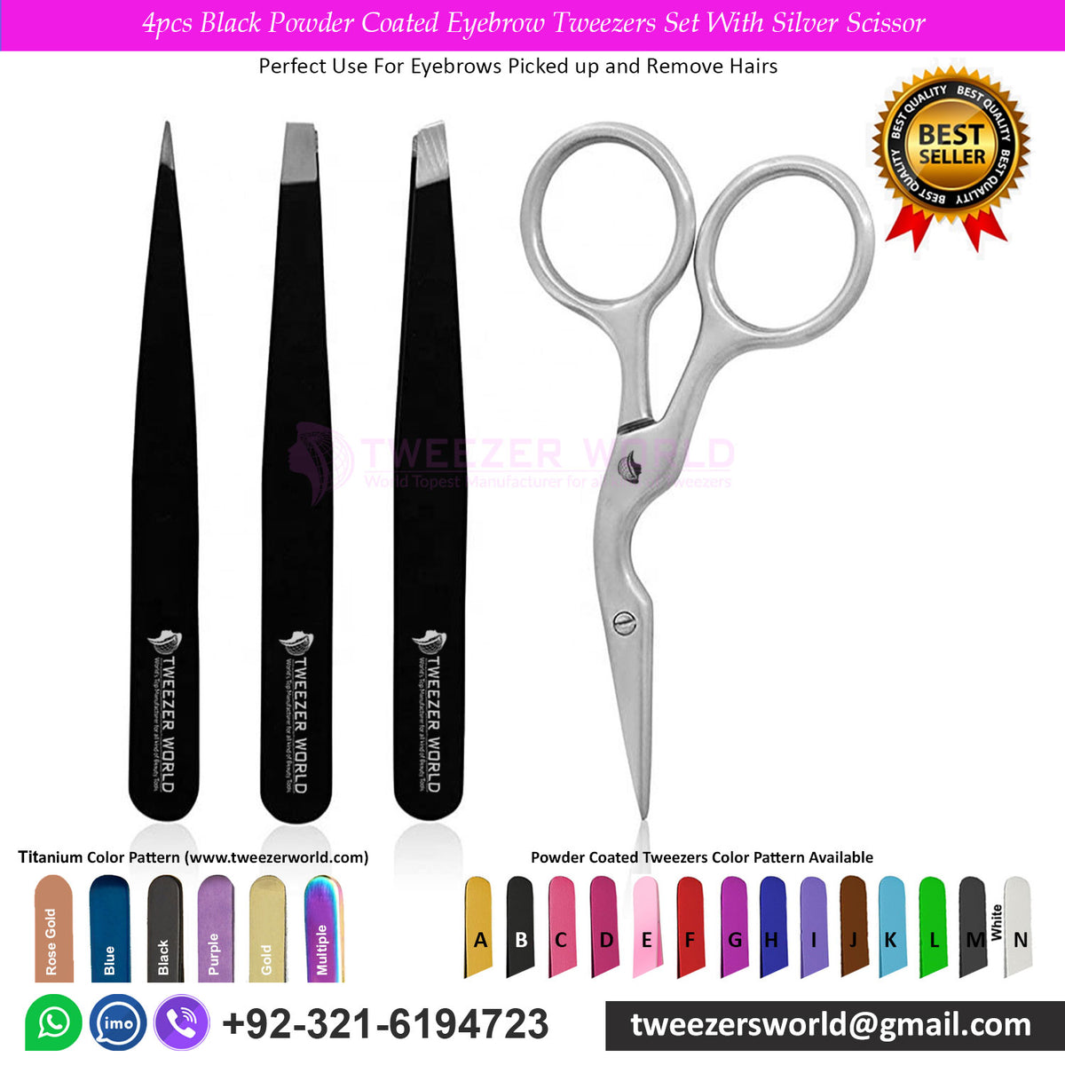 4pcs Black Powder Coated Eyebrow Tweezers Set With Silver Scissor