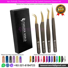 4pcs Butterfly Titanium Coated Gold Tip Lash Tweezers Set