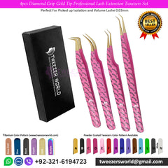 4pcs Diamond Grip Gold Tip Professional Lash Extension Tweezers Set