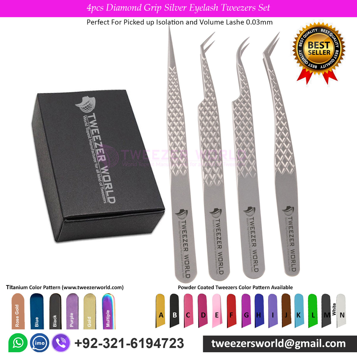 4pcs Diamond Grip Silver Eyelash Tweezers Set