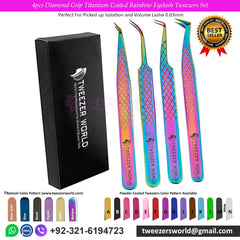 4pcs Diamond Grip Titanium Coated Rainbow Eyelash Tweezers Set