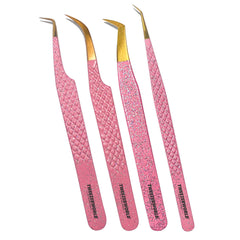 6pcs Pink Handle Gold Tip Best Eyelash Extension Tweezers Set - TWEEZER WORLD