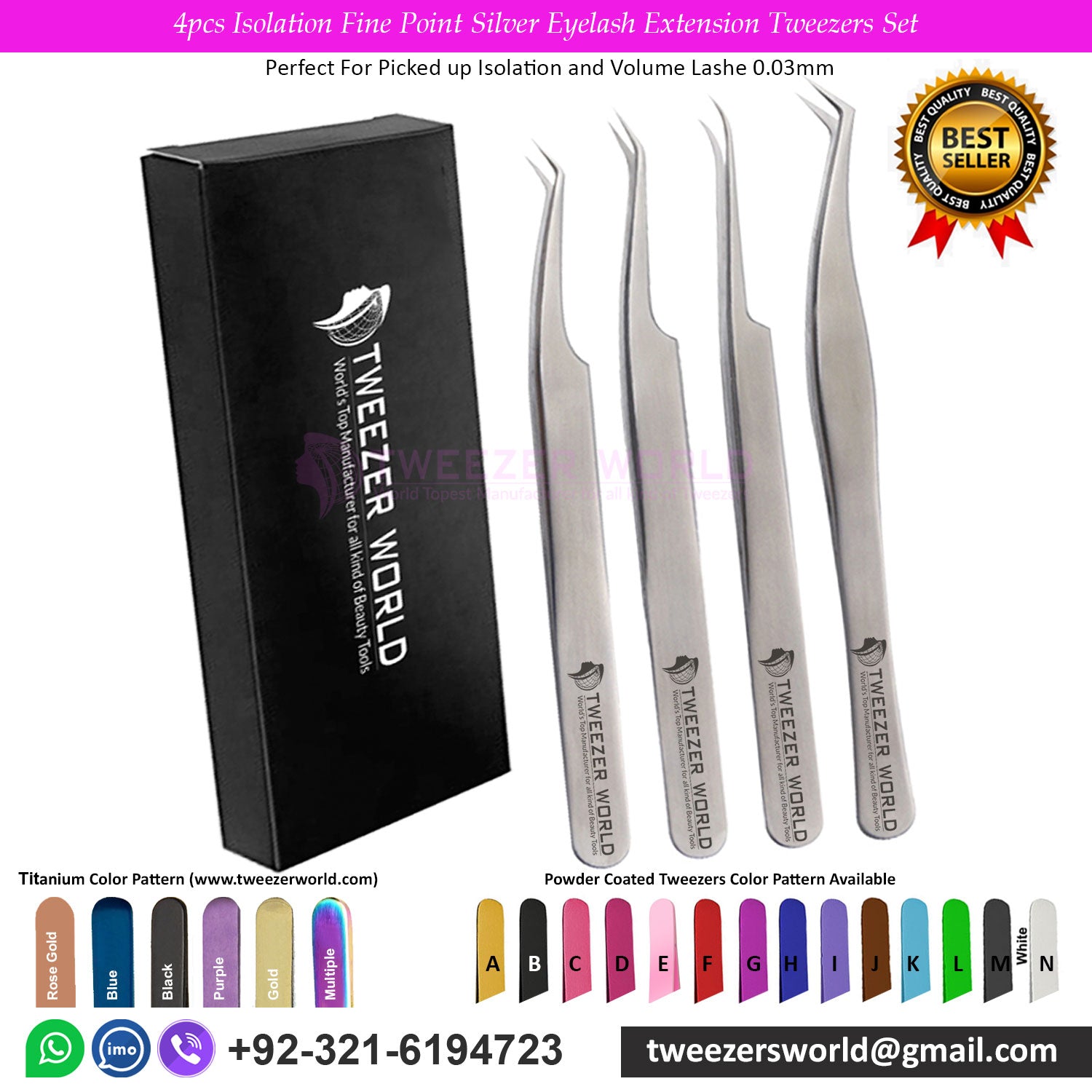 4pcs Isolation Fine Point Silver Eyelash Extension Tweezers Set