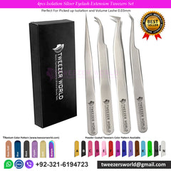 4pcs Isolation Silver Eyelash Extension Tweezers Set