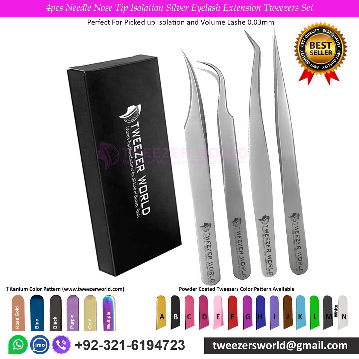 4pcs Needle Nose Tip Isolation Silver lash Extension Tweezers Set