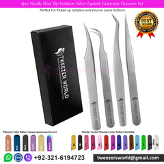 4pcs Needle Nose Tip Isolation Silver lash Extension Tweezers Set