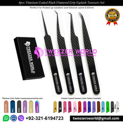 4pcs Titanium Coated Black Diamond Grip Eyelash Tweezers Set