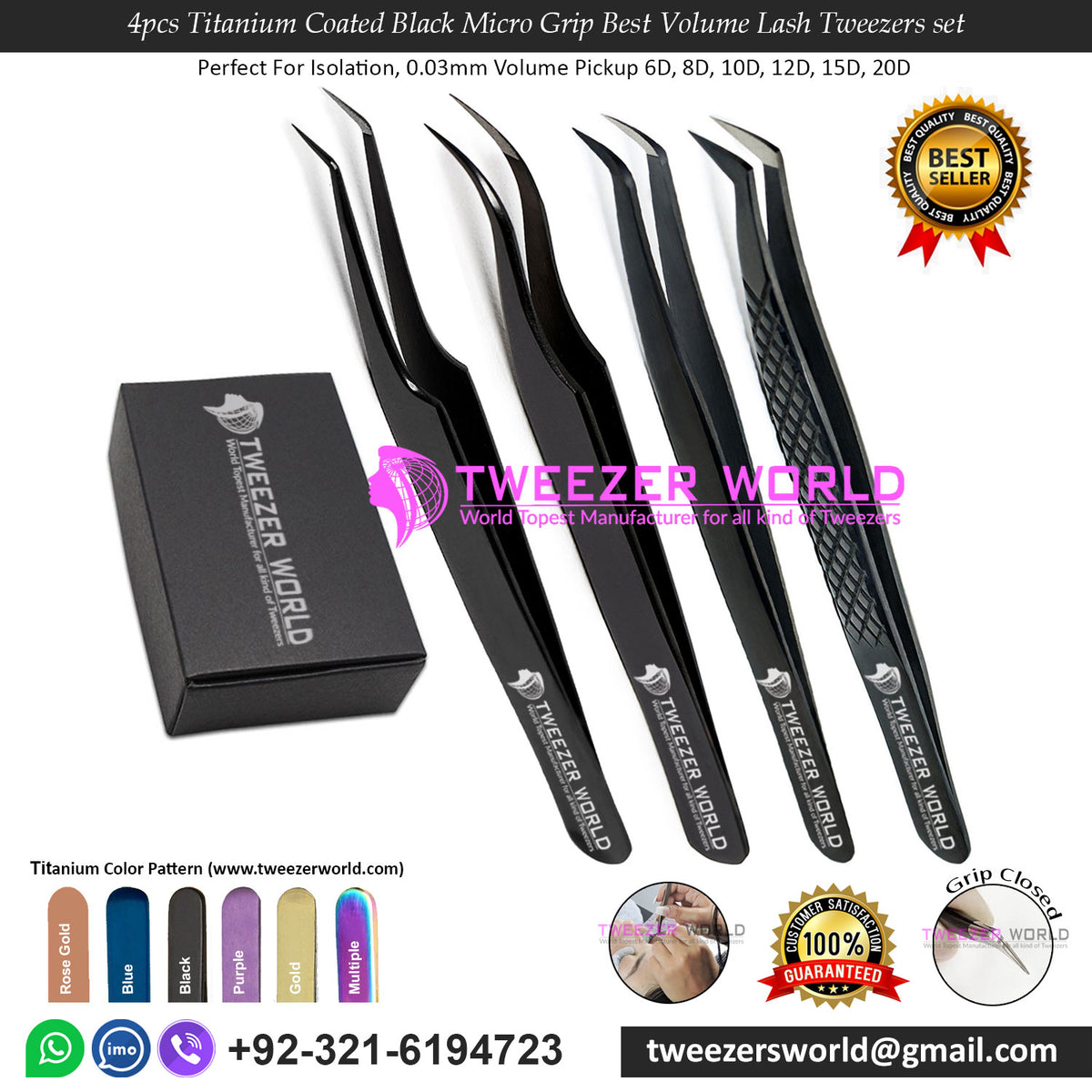 4pcs Titanium Coated Black Micro Grip Best Volume Lash Tweezers set