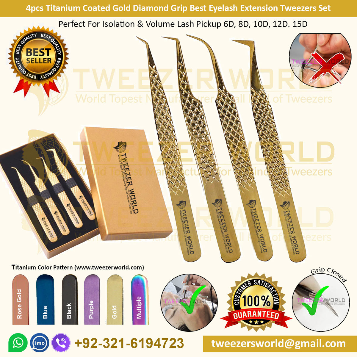 4pcs Titanium Gold Diamond Grip Best Eyelash Extension Tweezers Set