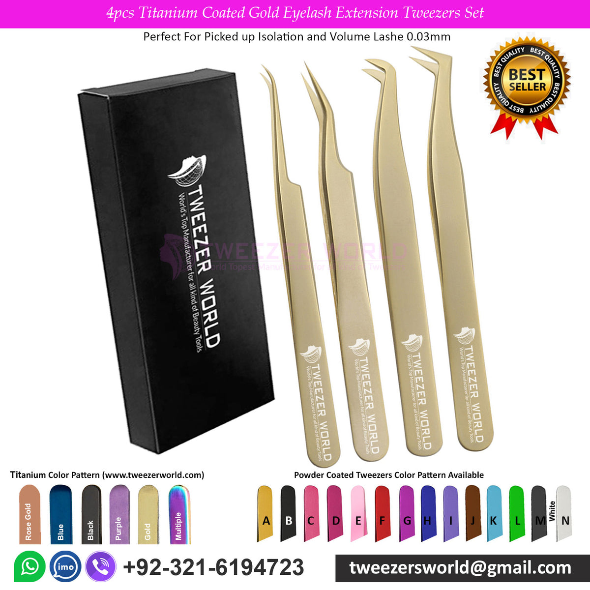 4pcs Titanium Coated Gold Eyelash Extension Tweezers Set