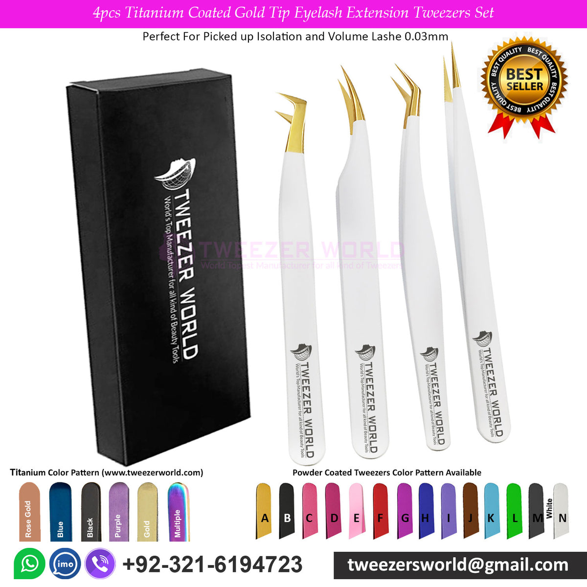 4pcs Titanium Coated Gold Tip Eyelash Extension Tweezers Set