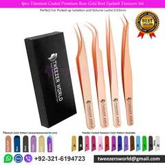 4pcs Titanium Coated Premium Rose Gold Best Eyelash Tweezers Set