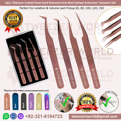 Titanium Rose Gold Diamond Grip Best Eyelash Extension Tweezers Set