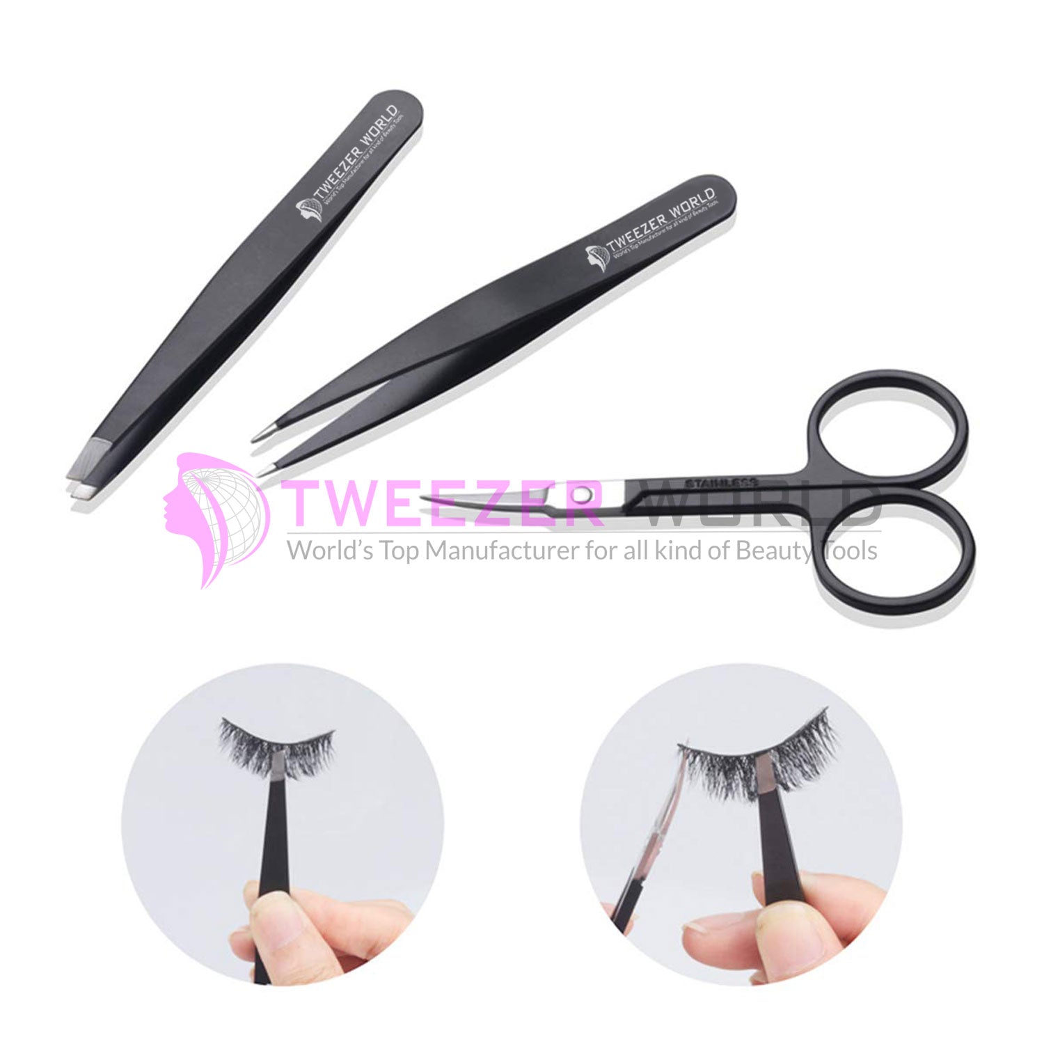 Best Quality 4pcs Black Powder Coated Eyebrow Tweezers &amp; Scissor Set